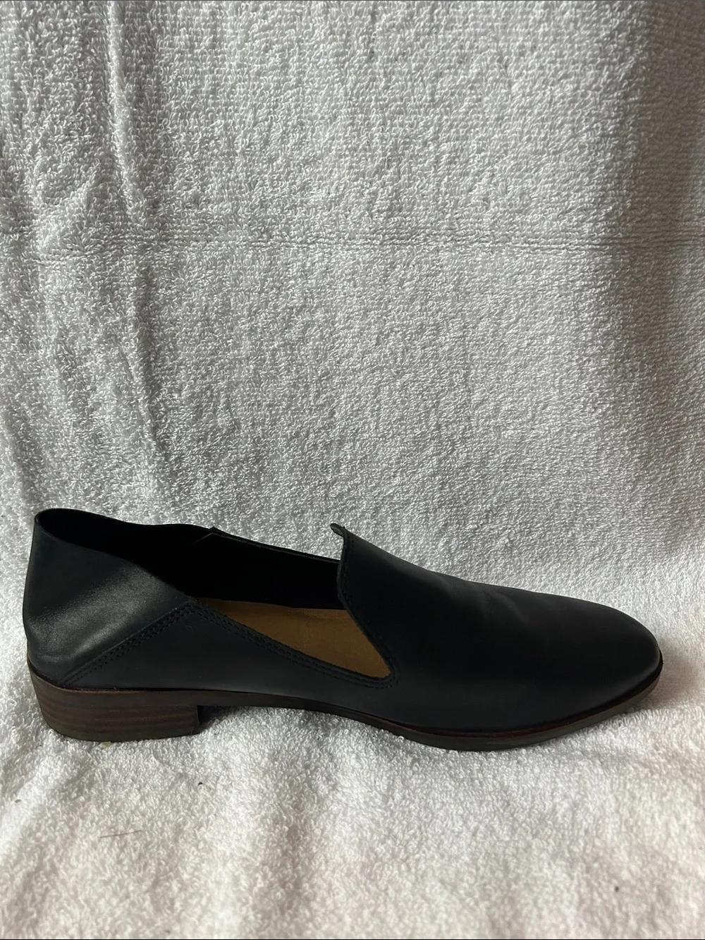 Lucky Brand Black Leather Slip-On Loafers with Brown Stacked Heel